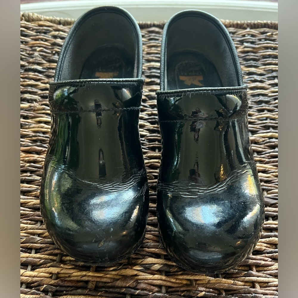 Dansko black patent leather clogs, size 40